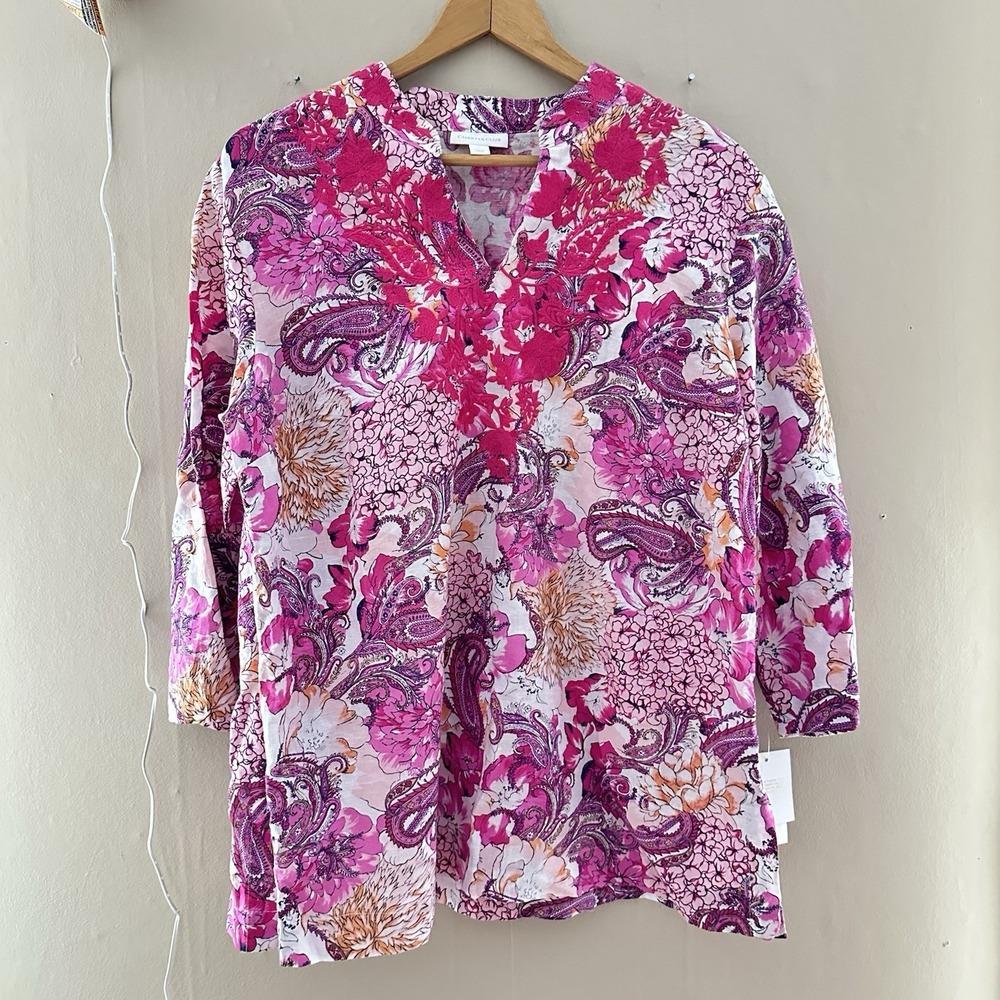 Charter Club Womens Linen Blend Floral Blouse Size L Pink NWT Mature Tunic